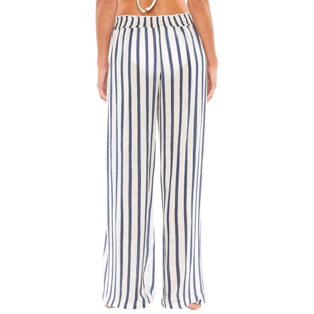 BECCA Virtue blue white stripe open side slit legs tie closure waist long pants - Picture 2 of 9